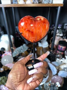 Polished Carnelian Agate Heart Gemstone Sculpture on Metal Stand - PRICE FIRM